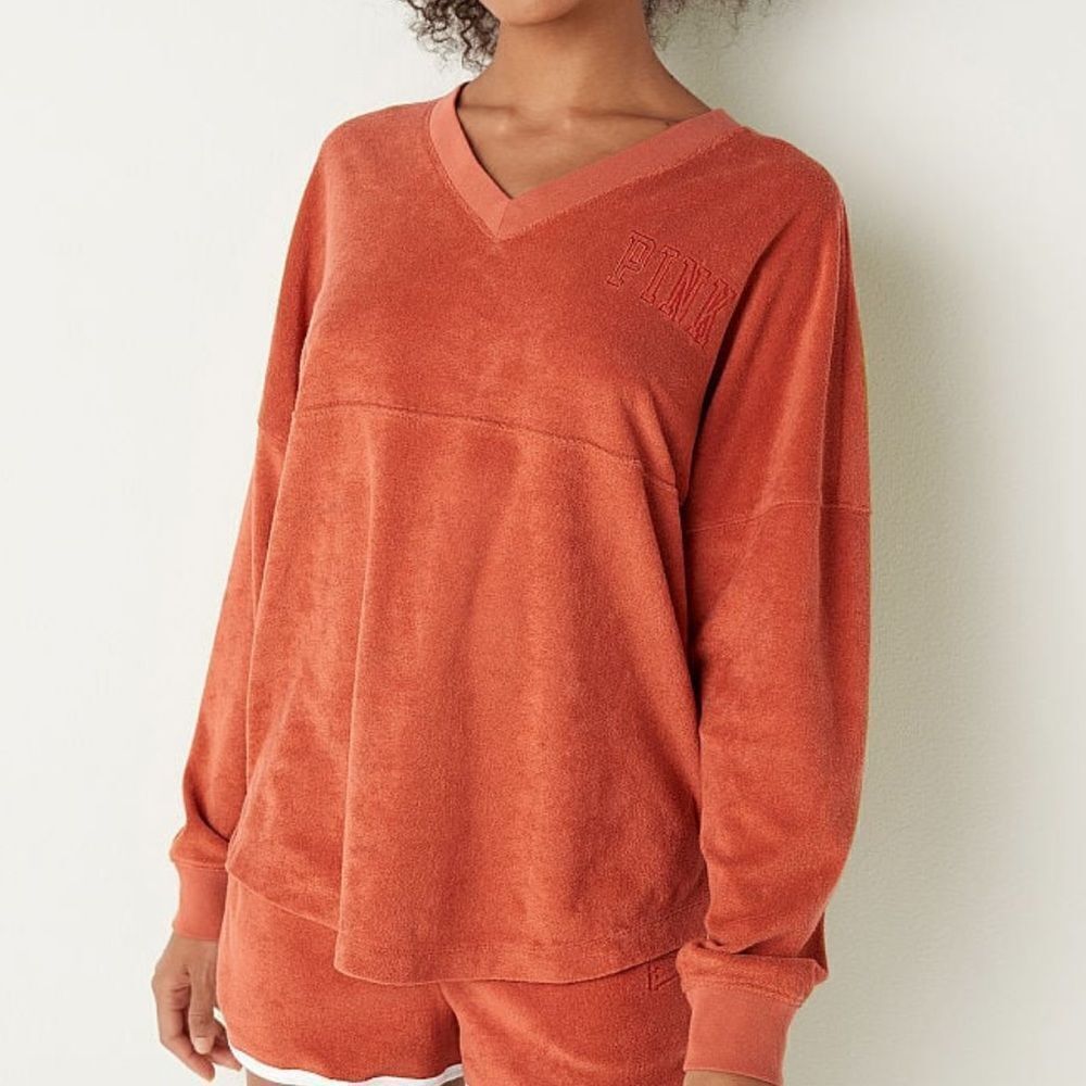 Victoria’s Secret Pink Varsity Terry Cloth V Neck Oversized Pullover Amber Clay